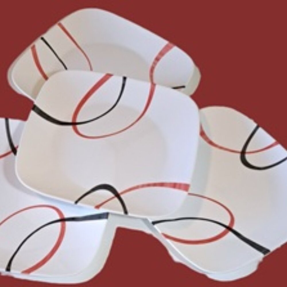 2 Red Gray Fine Lines Square Corelle Dinner Plates